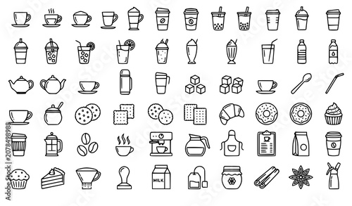 Minimalist Beverage Vector Icon Set with Coffee Bubble Tea Teapot Cookies and Café Symbols