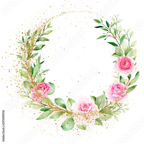 Watercolor pink rose flower wreath vector frame with gold glitter splash isolated on white background