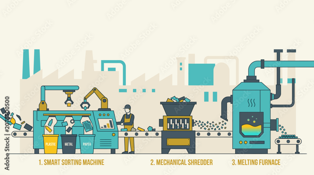 Obraz premium Modern Waste Recycling Process Vector Illustration with Smart Sorting Machine, Mechanical Shredder, and Melting Furnace.