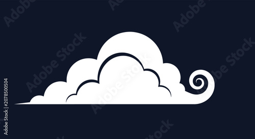 Stylized white cloud with a decorative spiral tail at one end set against a dark navy blue rectangular background.