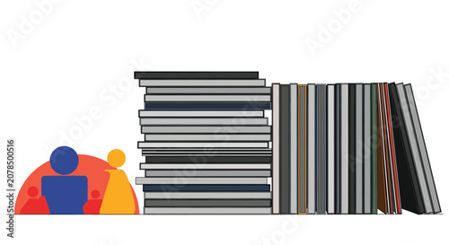Graphic representation of a small family icons standing next to a large stack of vertical and horizontal books.