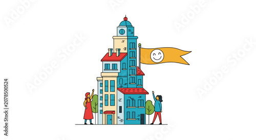 Tall whimsical blue building with two people waving and a golden flag featuring a smiling face icon on its top.