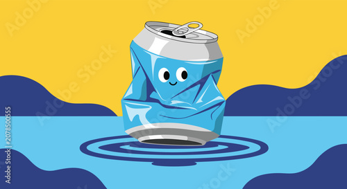 Cute cartoon character of a crushed blue aluminum soda can with a happy smiling face floating over water.