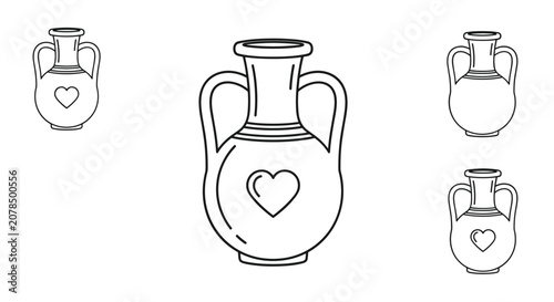 Set of four decorative Greek style vases with two handles and a small heart shape detail in a line art style.