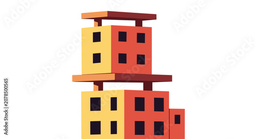Abstract architectural towers made of stacked orange and yellow cubic blocks with dark windows on a white field.