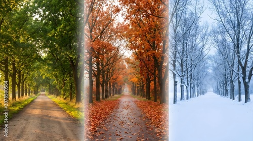 Tree Lined Avenue Three Seasons Collage Summer Autumn Winter