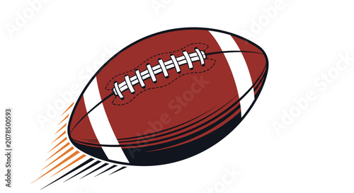 American football flying through the air with dynamic orange and black speed lines on a solid white background.