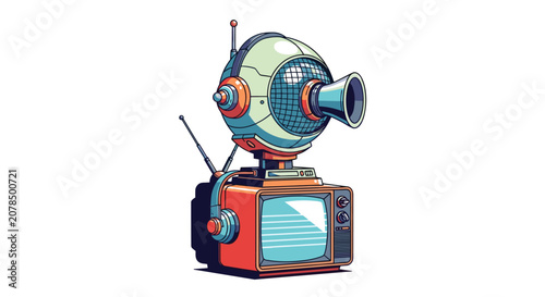 Creative illustration of a retro television set with a futuristic robotic head and antennae on its top.