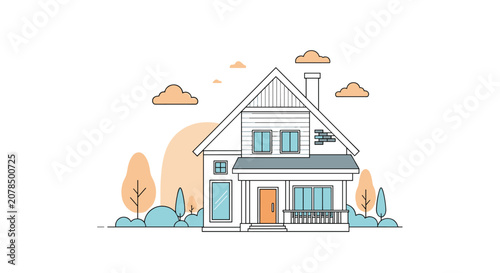 Contemporary two-story white suburban home with orange accents and a brick chimney set against stylized trees.
