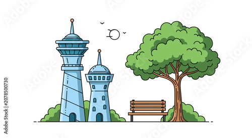 Pair of light blue observation towers in a public park with a wooden bench and a large leafy green tree.
