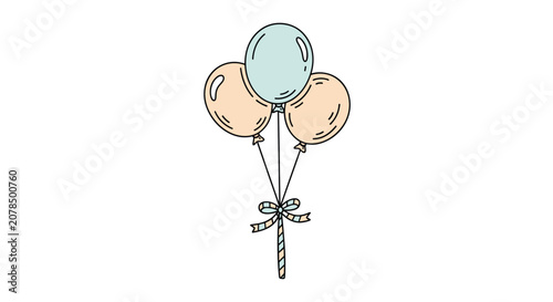 Charming bunch of three balloons featuring one light blue and two peach colors tied together with a striped ribbon.