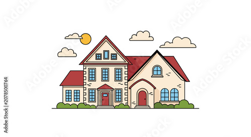 Large two-story residential house featuring a red roof cream-colored walls and numerous windows under a sunny sky with clouds.