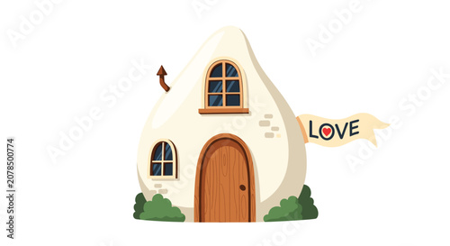 Quaint small round white cottage with a brown wooden door and a decorative flag reading LOVE on white background.
