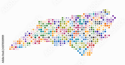 North Carolina, shape of the state build of colored cells. Digital style map of the North Carolina on white background. Small size rounded square blocks. Awesome vector illustration.