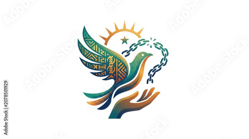 Quadro su tela Dove of Peace Symbol Rising Above Hands Breaking Chains.