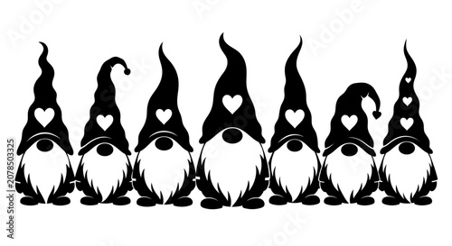 Foto Row of whimsical garden gnomes featuring colorful pointy hats and long white beards arranged in a horizontal line, vector illustration of mythical lawn ornaments on white background