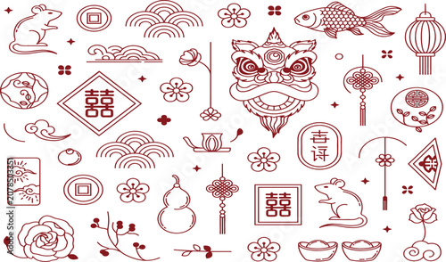 Obraz na płótnie ArChinese New Year Line Art Vector Icon Set Featuring Traditional Lion Dance, Ra