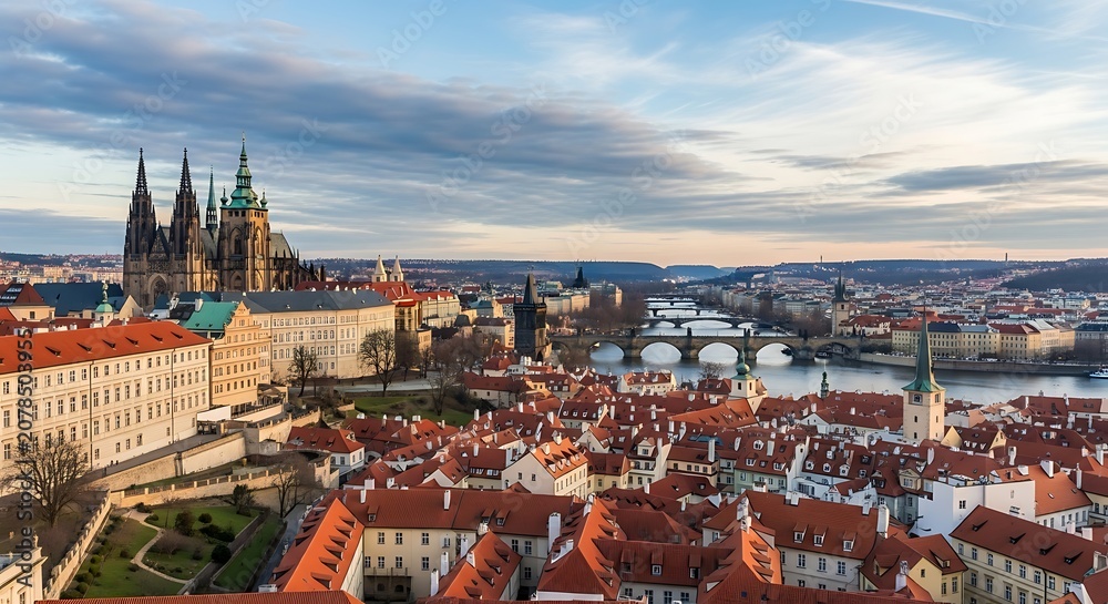 Obraz premium Panoramic View of Prague Cityscape with Historic Architecture and River Scene.