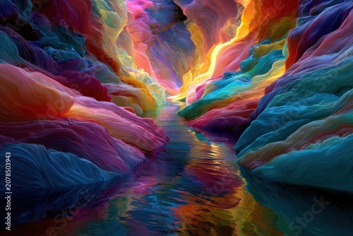 Psychedelic canyon walls featuring neon reflections in a luminous valley with sharp focus for innovative brand marketing