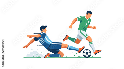 Photos Soccer player sliding to intercept ball from an opponent.
