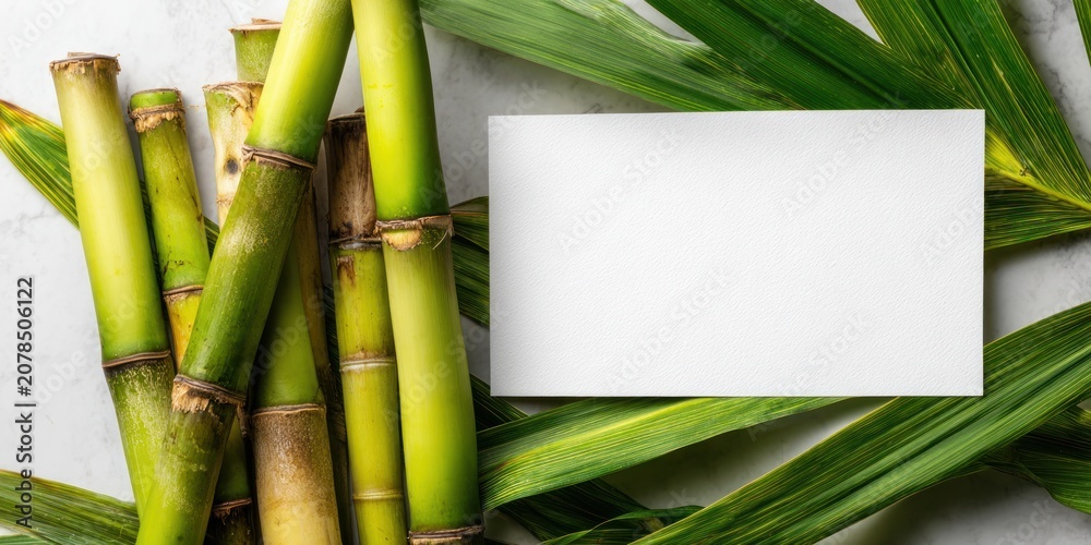 Fototapeta premium Fresh sugarcane stalks and blank white card on green foliage background