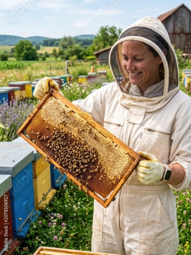 Beekeeper in Protective Suit Inspects Honeycomb Full of Bees and Honey.