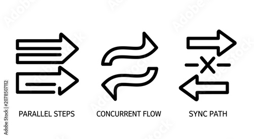 Process flow and synchronization path icons with parallel concurrent business management direction workflow structure development operations logistics strategy planning movement sequence
