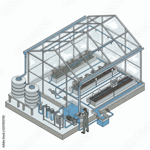 Diagram illustrating a modern hydroponic greenhouse system with water filtration and irrigation.