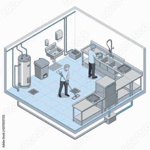 Isometric illustration of a commercial kitchen cleaning and maintenance process, showing plumbing and sanitation systems.