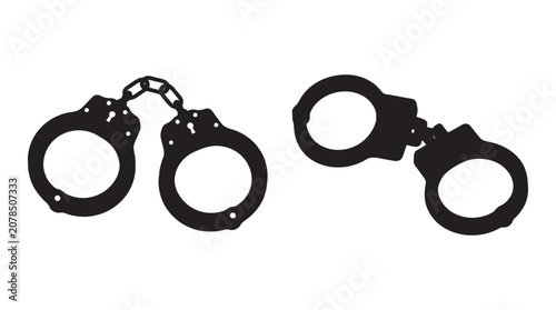 Obraz na plátne Handcuffs With Chain Black Silhouette Against White Background