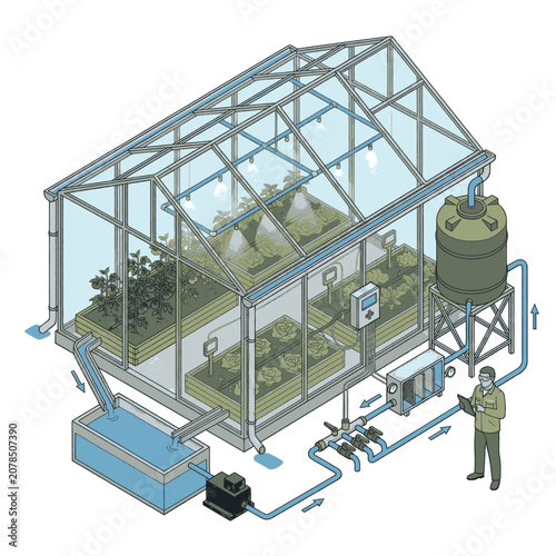 Diagram illustrating a modern greenhouse with an automated hydroponic system for efficient plant cultivation.