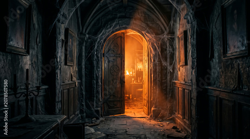 Abandoned hallway with open door.