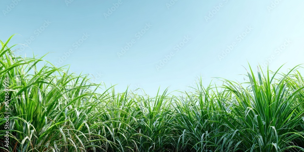 Obraz premium Green sugarcane field against clear blue sky agriculture concept