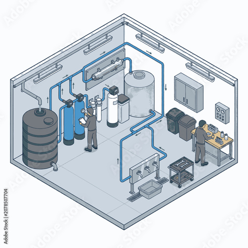 Industrial water treatment system schematic with filtration and purification equipment.