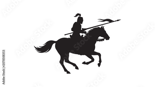 Fotografie One knights on horseback with flags black silhouette