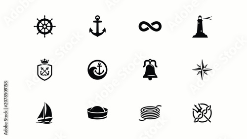 Foto Minimalist nautical and maritime symbols collection featuring ship wheel anchor
