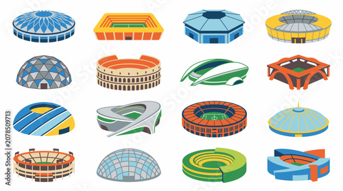 Sports stadium and arena architecture icon set.