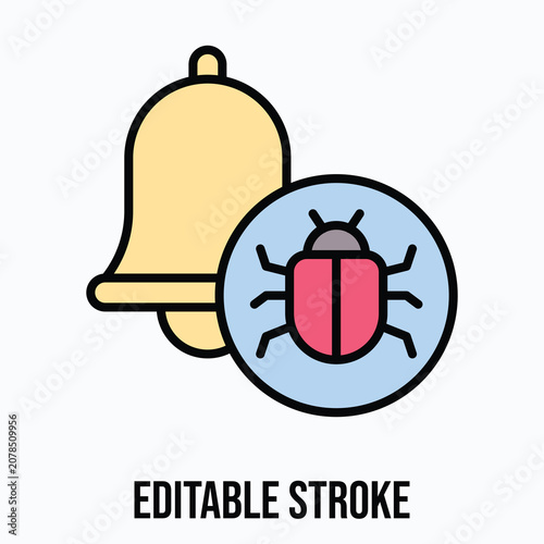 Notification Bell Bug Alert Icon, Editable Stroke Icon.