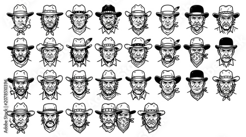 Cowboy Portrait Collection: Diverse Faces and Hats, Western Style Illustrations