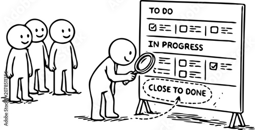 Team Inspecting Project Management Board with Tasks and Progress Tracking Illustration