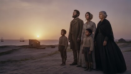 Historical African American Family Standing on a Coastal Shore at Sunset, Symbolizing Hope and Emancipation.