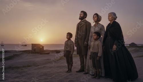 Historical African American Family Standing on a Coastal Shore at Sunset, Symbolizing Hope and Emancipation.