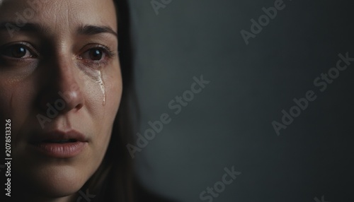 Close-up portrait of a distressed woman openly crying with tears.