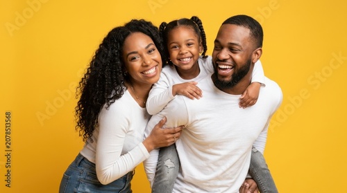 Joyful Black Family Portrait, Parents Giving Daughter Piggyback Ride, Smiling Together Against Yellow Background