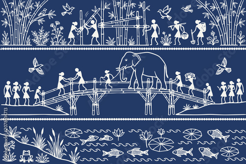 Fotografia Warli tribal style illustration of a gentle elephant and villagers crossing a tr