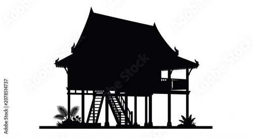 A silhouette of a stilt house, isolated against a plain white background.
