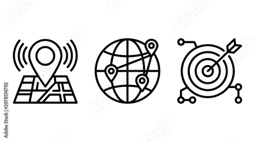Geographic location global network connectivity strategic goal line icons with location dartboard navigation worldwide connection strategy business marketing objective logistics pinpoint