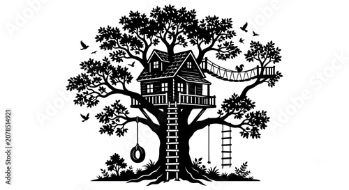 A silhouette of a treehouse, isolated against a plain white background.