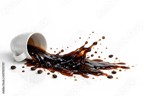 Coffee Spilling from White Cup with Splashes and Beans on Clean White Background