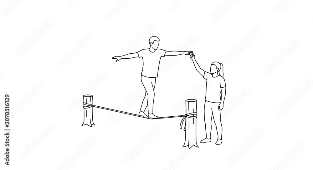 Obraz premium Tightrope walker balancing with assistant support.